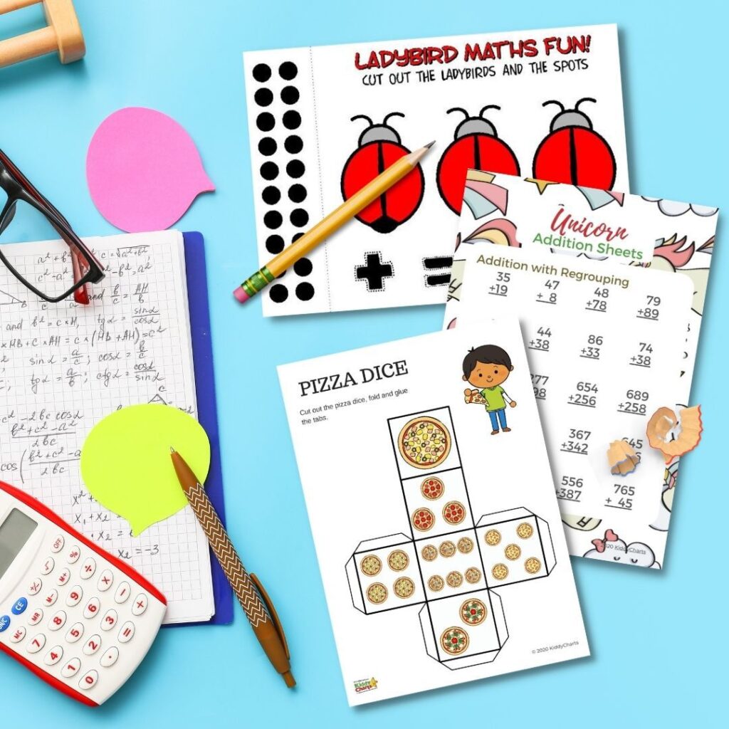 The image is showing a fun math activity involving ladybirds and pizza dice, where students are adding numbers and regrouping to solve equations.