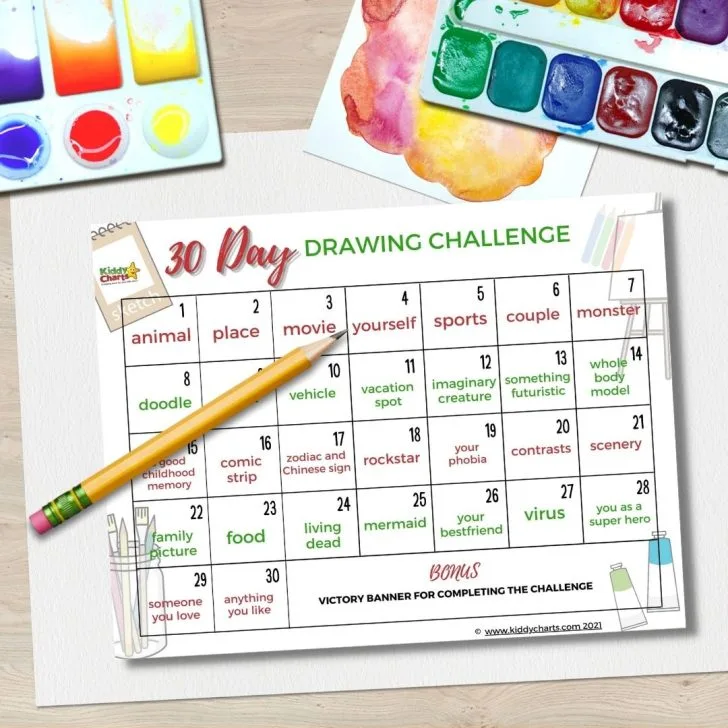 This image is a drawing challenge with 30 prompts for people to draw different topics such as animals, movies, sports, and more.