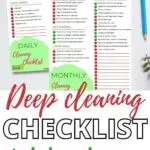 This image is a checklist of tasks for deep cleaning various areas of a home.