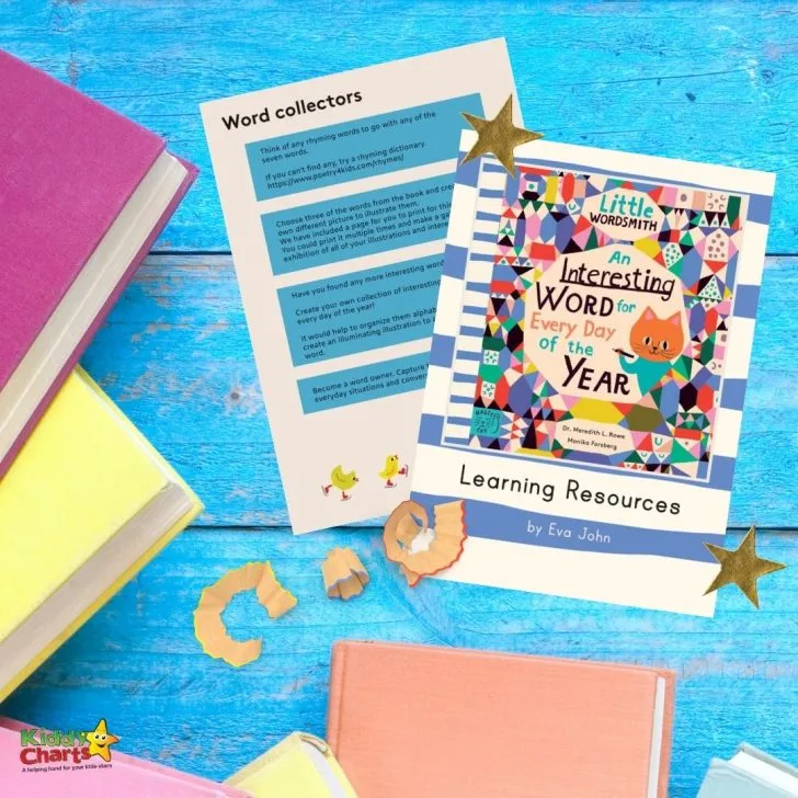 In this image, a child is looking through a book of words and creating their own illustrations to go with them to create a game or exhibition.