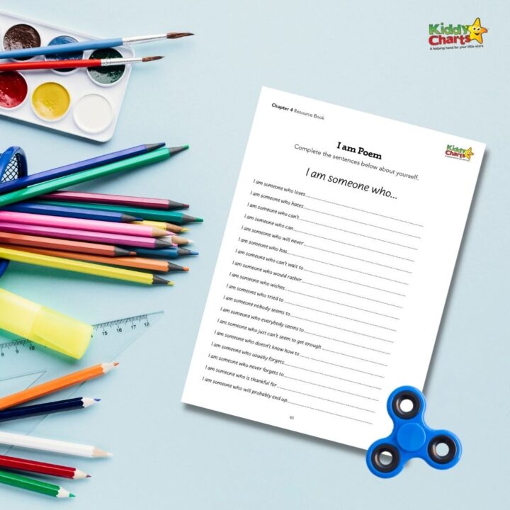 This image is showing a resource book that provides guidance to help young children write a poem about themselves by completing sentences about their personality.