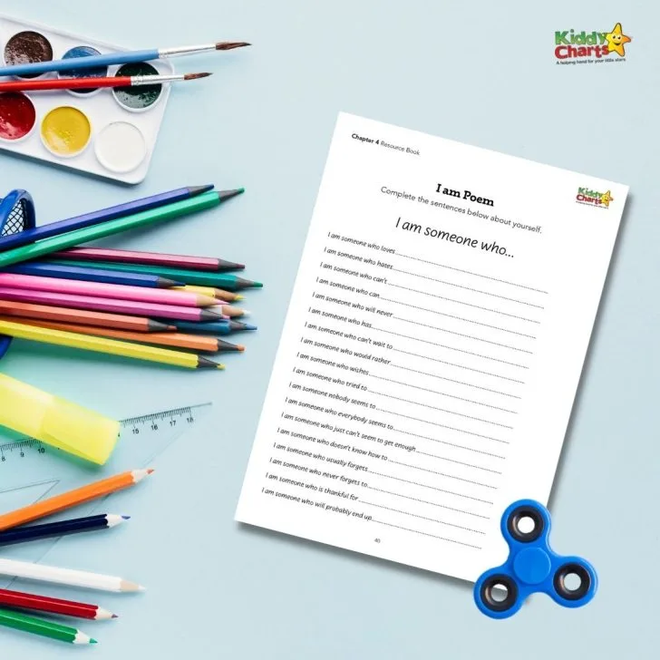 This image is showing a resource book that provides guidance to help young children write a poem about themselves by completing sentences about their personality.