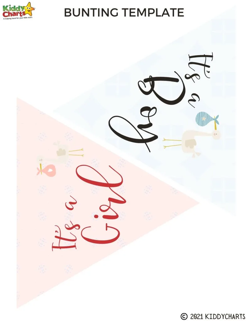 This image is a template for making a bunting with the words "Kiddy Charts" and "90 Girl It's a C 2021 KIDDYCHARTS" printed on it.