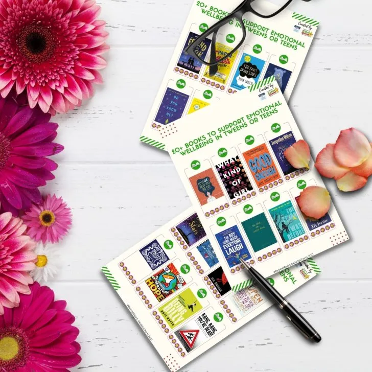 This image is promoting a list of books to support emotional wellbeing in tweens and teens.