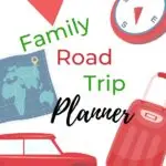 A family is planning a road trip using a Kiddycharts Family Road Trip Planner.