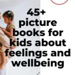 This image is promoting Kiddy Charts' collection of 45+ picture books about feelings and wellbeing for children.