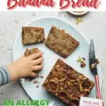 This image is showing a recipe for a kid-friendly banana bread that is free from allergens.