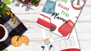 A family is planning a road trip, making essential stops for gas, food, drinks, and bathrooms, and using a Kiddy Charts planner to help them.