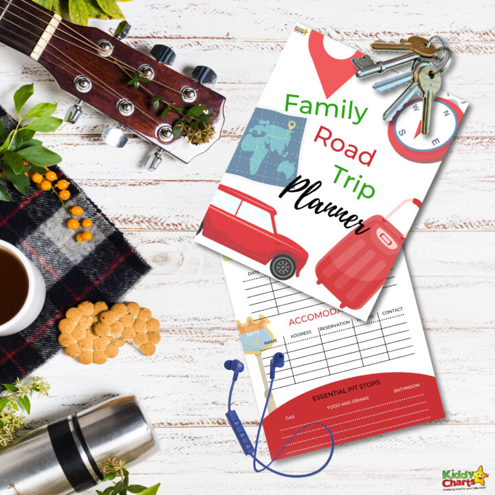 A family is planning a road trip, making essential stops for gas, food, drinks, and bathrooms, and using a Kiddy Charts planner to help them.