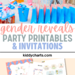 A gender reveal party is being planned, with the parents' names and event details being filled in on the printable invitations and party printables from KiddyCharts.com.