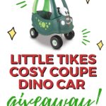 The image is promoting a giveaway of a Little Tikes Cozy Coupe Dino Car from the website KiddyCharts.com.