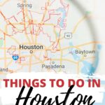 The image is promoting activities for kids to do in Houston, Texas and the surrounding areas of Baytown, Pasadena, and Spring.