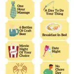 This image is a coupon offering a variety of activities for a parent to enjoy, such as a massage, craft beer, breakfast in bed, movie night, and a no chore day.