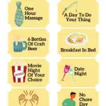 The image is a coupon offering various activities for Dad, such as a one hour massage, six bottles of craft beer, breakfast in bed, movie night, no chore day, and a boys night, from KiddyCharts.com in 2021.