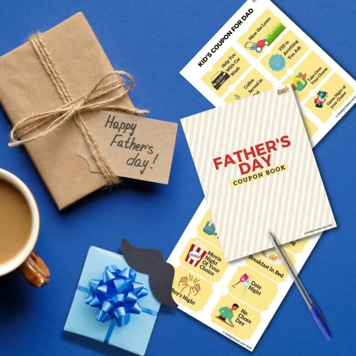 In this image, a Father's Day coupon book is being offered as a gift, with coupons for various activities and services that a child can offer their dad.