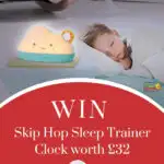 The image is advertising a Skip Hop Sleep Trainer Clock worth £32 that can be won from the website KiddyCharts.com.