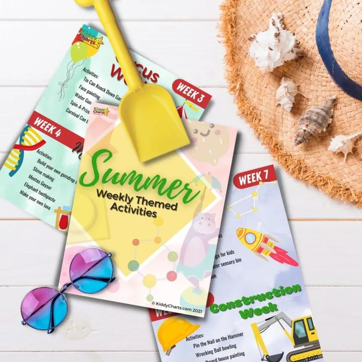 This image is showing a list of activities for different weeks of the summer, including tin can knock down, face painting, water gun spin-a-prize, slime making, and more.