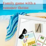 A family is playing a game of charades over Zoom with a summer theme, such as a coconut tree and a beach.