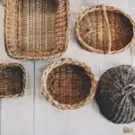 A group of woven baskets is arranged in a circle.