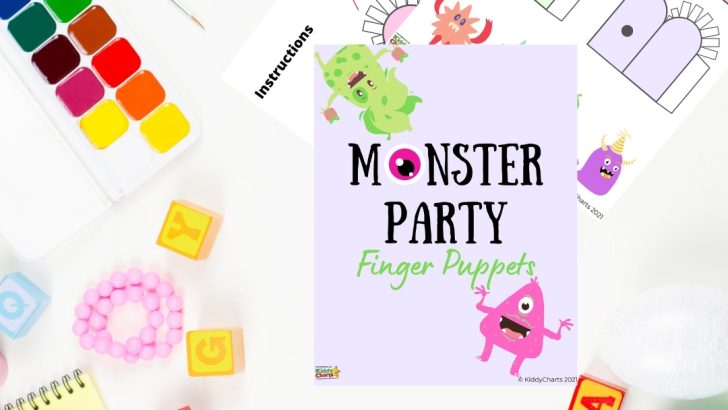 In this image, instructions are being given to cut, fold, and paste paper finger puppets for a 2021 Monster Party.