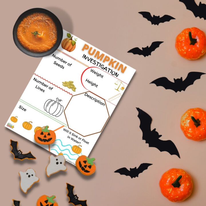 A bird wearing an orange Halloween costume is investigating a pumpkin, measuring its weight, number of seeds, height, number of lines, size, and whether it will sink or float in water, while recording the results on charts.