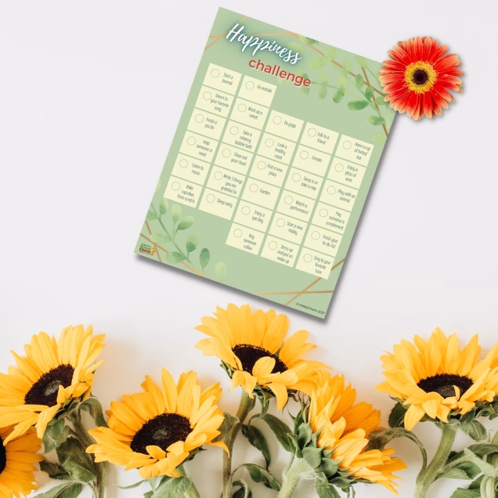 In this image, people are encouraged to take part in a "Happiness Challenge" by completing various activities such as visiting a new place, playing with a pet, writing down three things they are grateful for, and dressing up and putting on makeup.