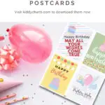 The image is showing a selection of printable birthday postcards that can be downloaded from kiddycharts.com, with the message "Happy Birthday, may all your wishes come true".