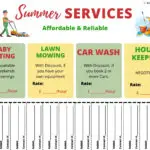 This image is advertising a range of services offered by Kiddy Charts, such as baby sitting, mowing, car washing, and house keeping, with discounts available if customers book two or more services and bring their own equipment.