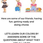 The image shows a group of friends playing, preparing, and doing chores together while learning colors.