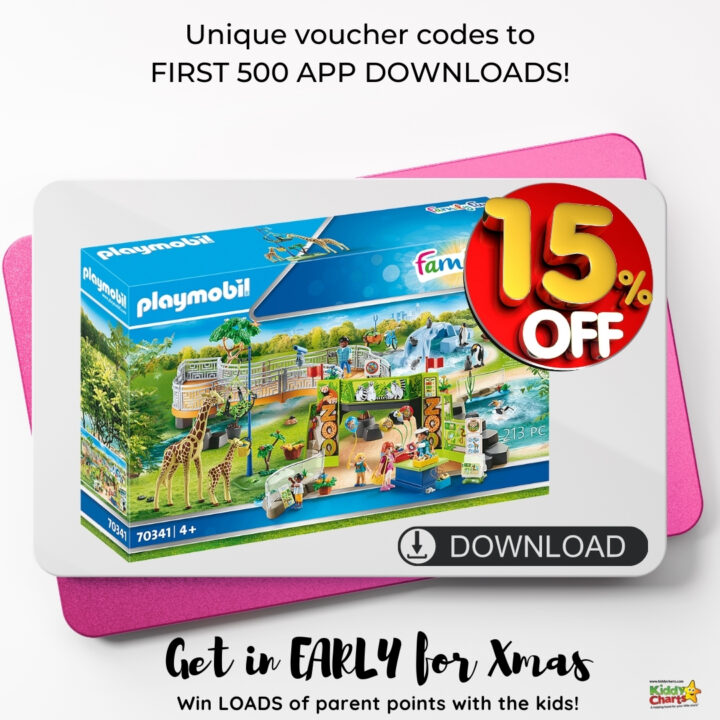 This image is advertising a promotion offering unique voucher codes to the first 500 people who download an app, with the incentive of winning loads of parent points with the kids.