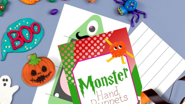 A child is creating a Halloween BOO Monster P Hand puppet with colorful text and art.