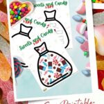 A colorful array of sweets and candy on a table, with handwritten text reading "I-SPY Sweets and Candy" and "KiddyCharts 2021 I-SPY Printable: Sweets and Candy Themed" above it.