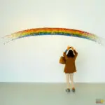 A person stands in front of a rainbow.