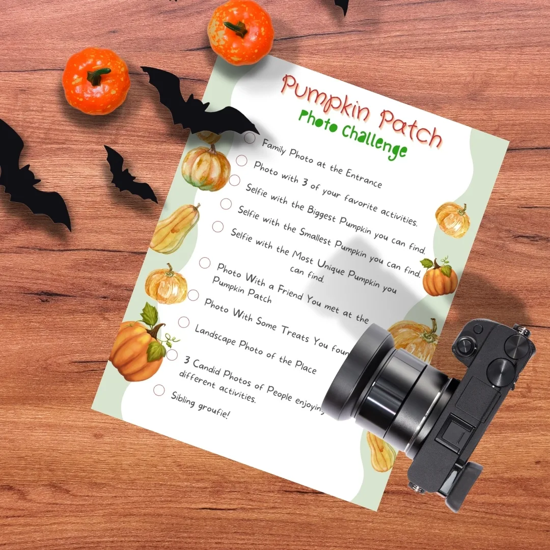 The image is of a family participating in a pumpkin patch photo challenge, which includes taking selfies with the biggest, smallest, and most unique pumpkins, a photo with a friend they met at the pumpkin patch, a landscape photo of the place, and candid photos of people enjoying different activities, as well as a sibling groufie.
