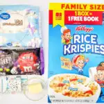 A family is purchasing a variety of products, including cereal, marshmallows, and candy, to enjoy at home.