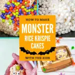 In this image, instructions are being provided on how to make Monster Rice Krispie Cakes with children.