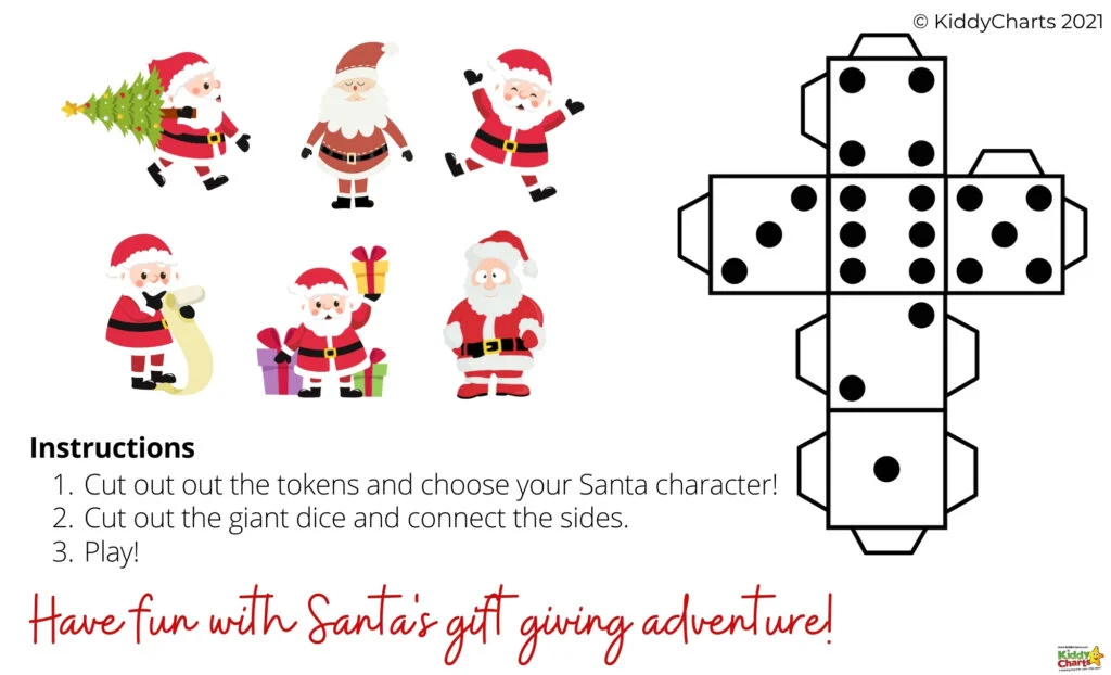 In this image, instructions are provided for playing a game involving cutting out tokens and a giant dice to have a fun Santa's gift giving adventure.