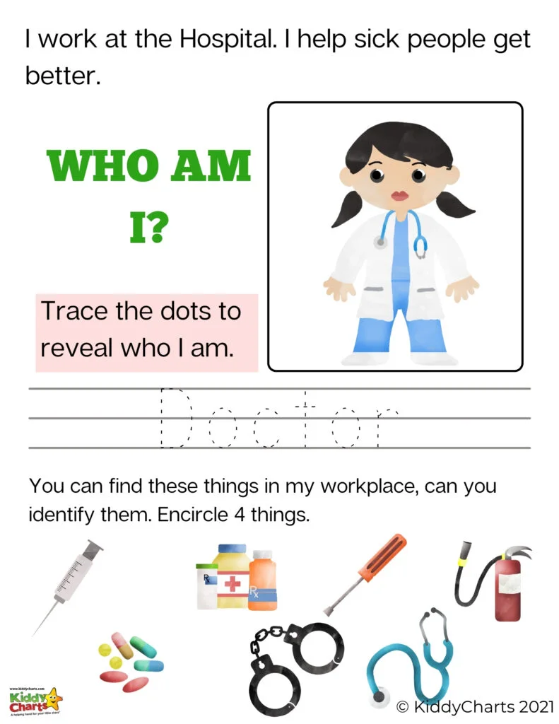 The image shows a person working at a hospital, asking the viewer to identify four items found in a hospital workplace by tracing the dots and encircling them.