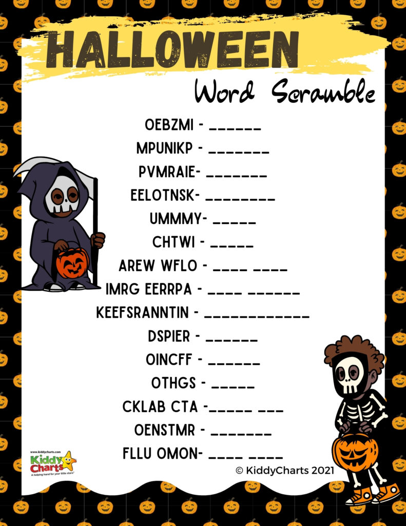 In this image, a Halloween-themed word scramble is being presented to help people with their Halloween preparations.
