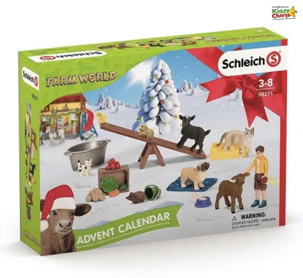 This image is warning about a choking hazard associated with a Schleich Farm World Advent Calendar.