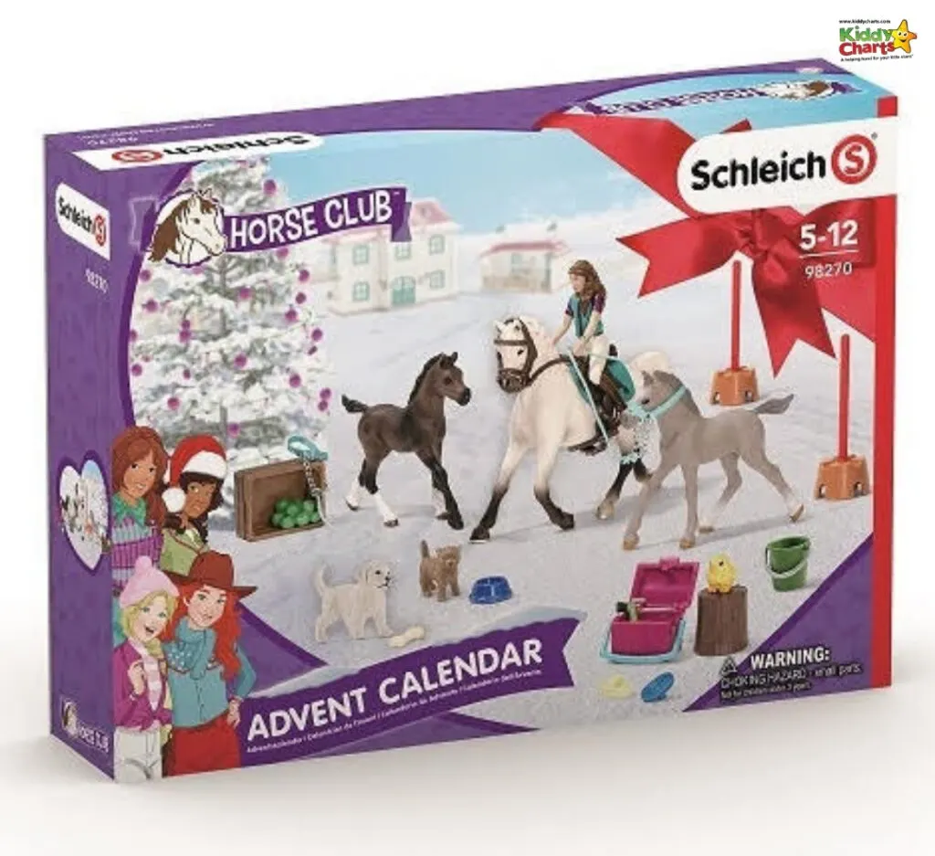 The image is of a Schleich Advent Calendar with a warning label that it is intended for children aged 5-12.