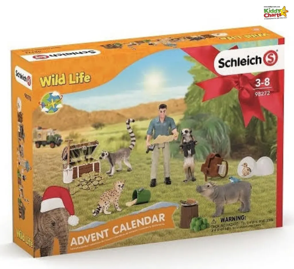 A child is looking at a chart of wildlife figures from the Schleich brand, with a warning label about the contents of an Advent Calendar.