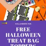 This image is promoting free downloadable Halloween treat bag toppers from KiddyCharts for a fun trick-or-treating experience.