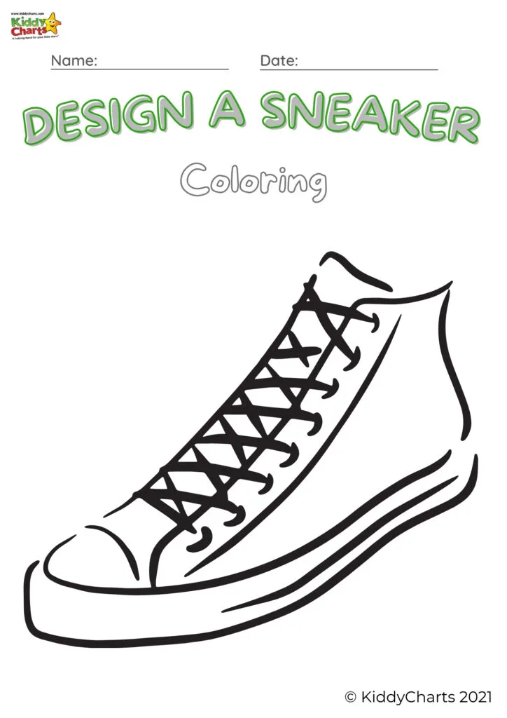 The children are designing their own sneakers using the KiddyCharts shoe coloring page.