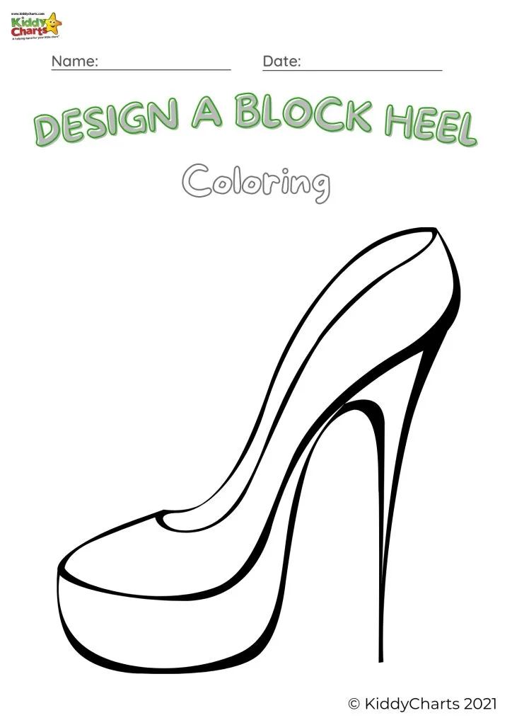 The image is of a coloring page featuring a design of a block heel shoe for a child to color.