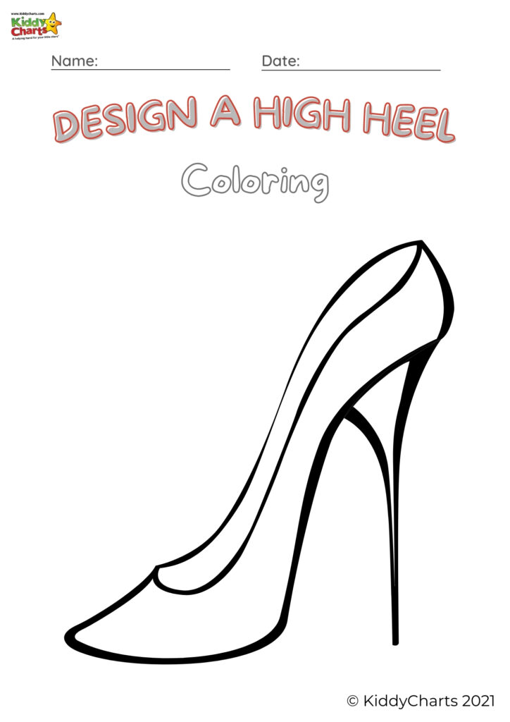 The image is of a coloring page of a high heel shoe, encouraging the viewer to design their own version of the shoe.