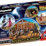 This image is advertising a Playmobil Advent Calendar set featuring four iconic scenes from the movie Back to the Future.