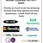 This image is promoting a giveaway activity book sponsored by various brands, available on KiddyCharts.com during the 2021 Advent season.