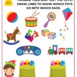 In this image, the task is to help Twinkle Toes sort out the toys by drawing lines to show which toys go into which sack.