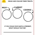 In this image, children are being encouraged to draw and color treats for Santa and their reindeer, and to think about what present they would give to Santa.